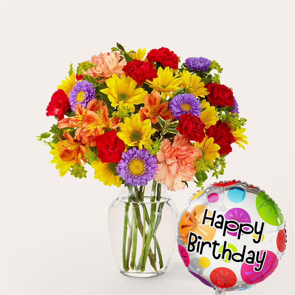 Kaleidoscope Bouquet with Birthday Balloon – Blossom And Belle, Orlando FL