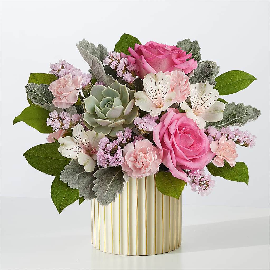 Dusty Rose Bouquet with Ivory Vase – Blossom And Belle, Orlando FL