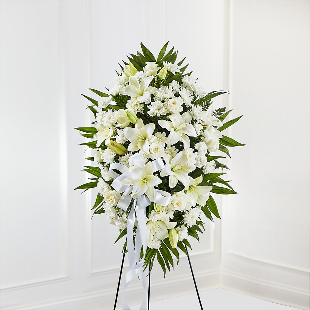Exquisite Tribute Standing Spray-White Ribbon – Blossom And Belle, Orlando FL