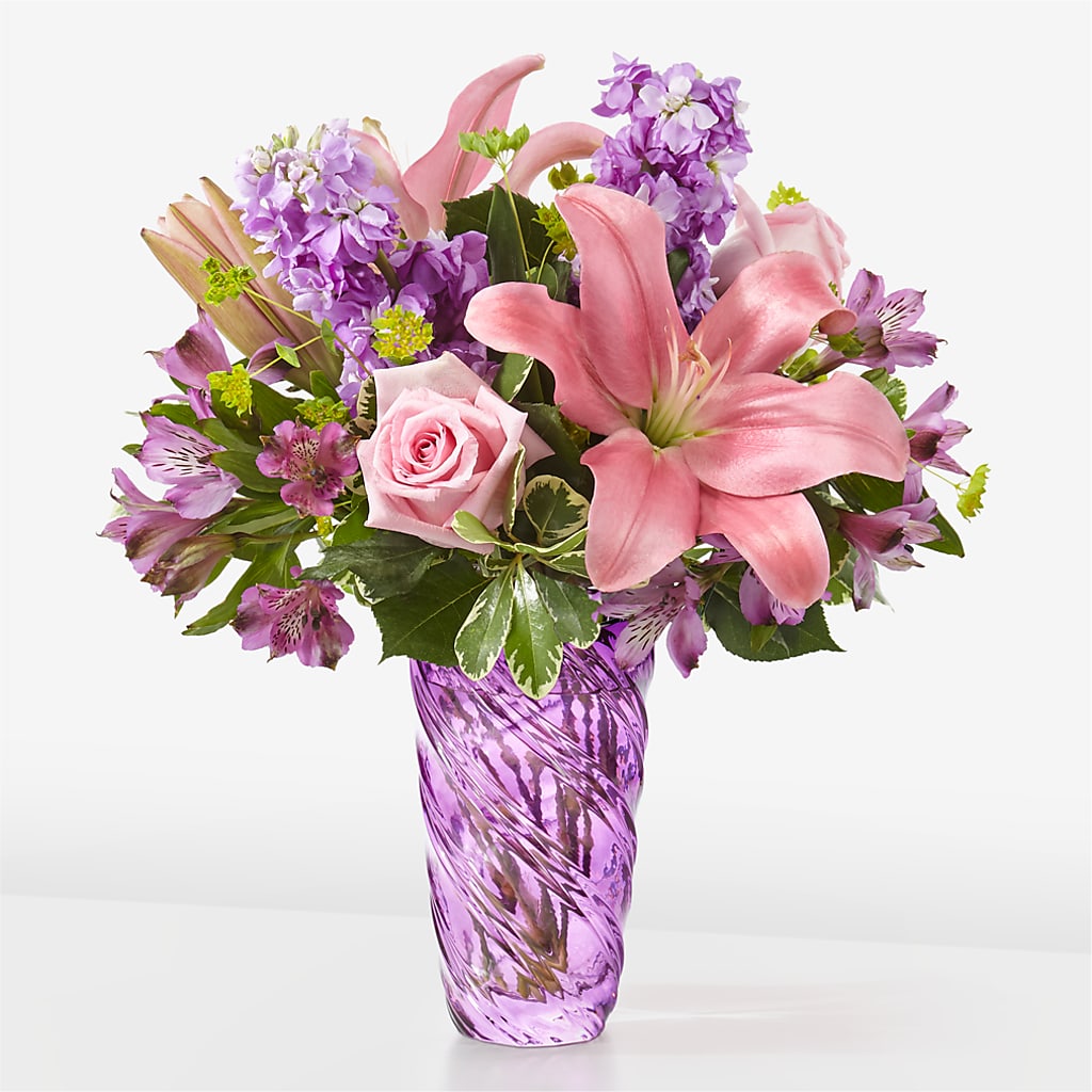 Precious Petals Bouquet with Luxe Swirl Vase – Blossom And Belle, Orlando FL