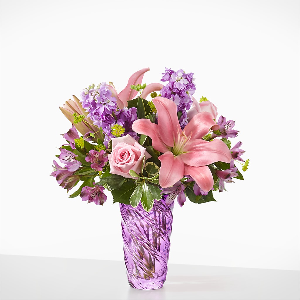 Precious Petals Bouquet with Luxe Swirl Vase – Blossom And Belle, Orlando FL